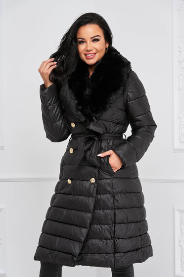 Black jacket from slicker midi fur collar