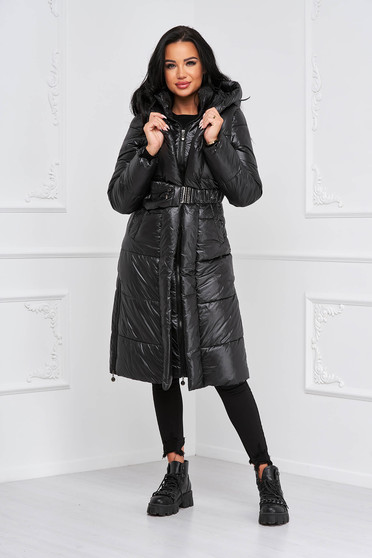 Coats & Jackets, Black jacket from slicker from shiny fabric with turtle neck midi tented - StarShinerS.com
