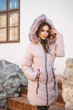 Pink jacket midi tented from slicker detachable hood with faux fur accessory