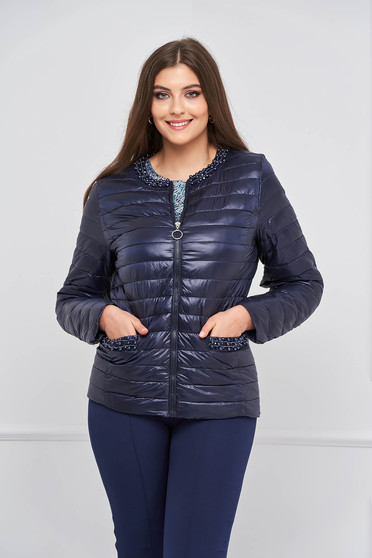 Darkblue jacket from slicker tented with pockets with pearls