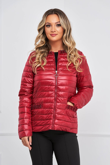 Jackets, Burgundy jacket from slicker tented with pockets with pearls - StarShinerS.com