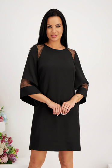 Lace dresses, - StarShinerS elastic cloth short cut straight with bell sleeve black dress - StarShinerS.com