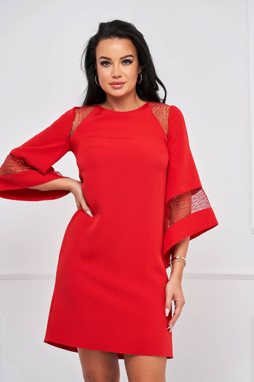 - StarShinerS elastic cloth short cut straight with bell sleeve red dress