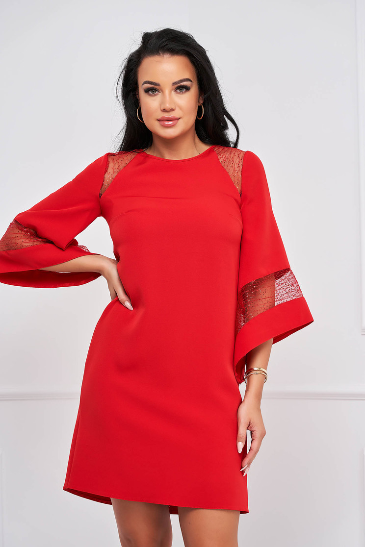 Rochie din stofa din stofa elastica rosie scurta cu un croi drept si maneci clopot - StarShinerS