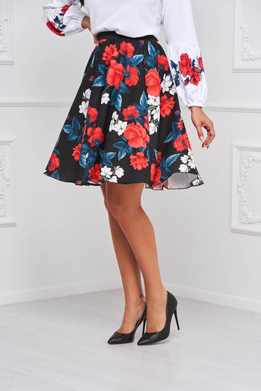 Midi skirts, Black skirt elastic cloth midi cloche with elastic waist with floral print - StarShinerS - StarShinerS.com