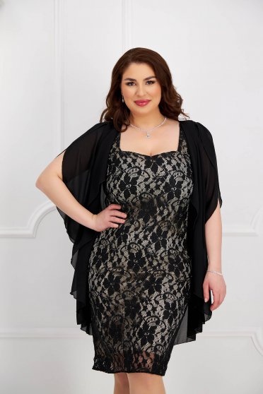 Plus Size Dresses, Black dress midi pencil voile overlay laced - StarShinerS - StarShinerS.com