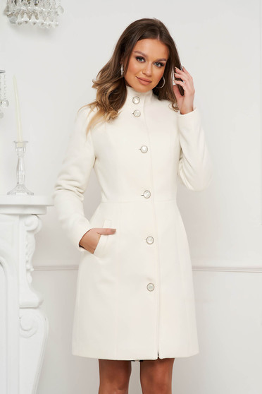 Elegant coats, Ivory coat tented cloth high collar lateral pockets - StarShinerS.com