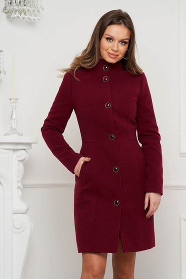 Elegant coats, Burgundy coat tented cloth high collar lateral pockets - StarShinerS.com