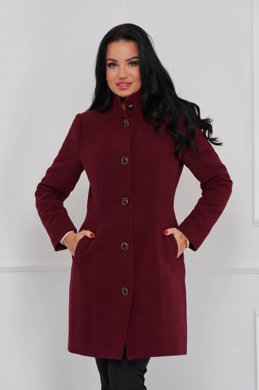 Elegant coats, Burgundy coat tented cloth high collar lateral pockets - StarShinerS.com