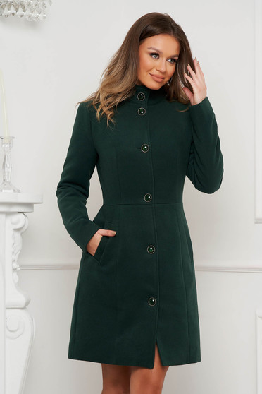 Elegant coats, Darkgreen coat tented cloth high collar lateral pockets - StarShinerS.com