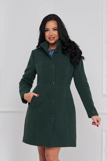 Elegant coats, Darkgreen coat tented cloth high collar lateral pockets - StarShinerS.com
