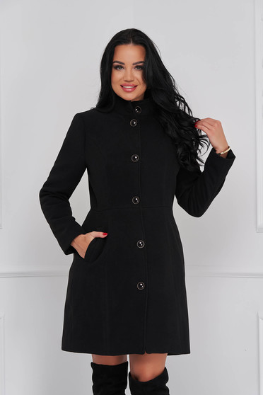 Paltoane Dama Elegante cambrat, marimea XL, Palton din stofa negru cambrat cu guler inalt si buzunare laterale - Artista - StarShinerS.ro