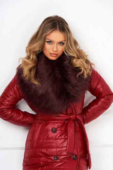 Jackets, Burgundy jacket from slicker long with faux fur accessory - StarShinerS.com