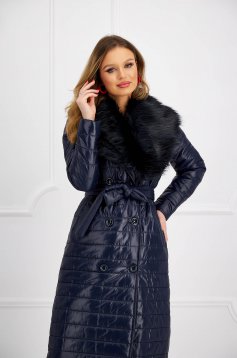 Dark blue jacket from slicker long with faux fur accessory