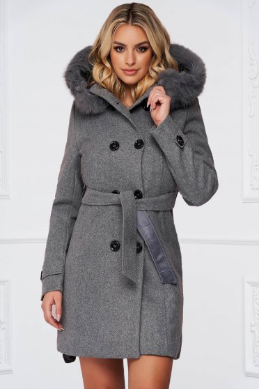 Paltoane de lana, Palton din lana gri cambrat cu gluga detasabila - SunShine - StarShinerS.ro