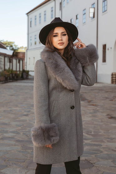 Coats, Grey coat wool cloche with ecological fur cuffs - StarShinerS.com
