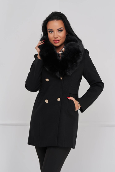Paltoane dama online cambrate, marimea XL, Palton din lana si stofa negru cambrat cu guler din blana - SunShine - StarShinerS.ro