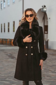 Palton din lana negru in clos cu guler si mansete din blana ecologica - SunShine