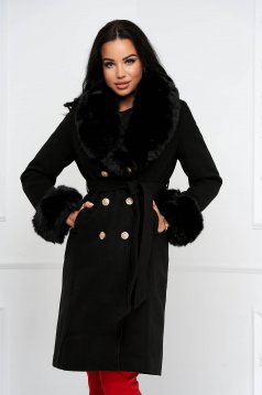 Black coat wool with ecological fur cuffs cloche
