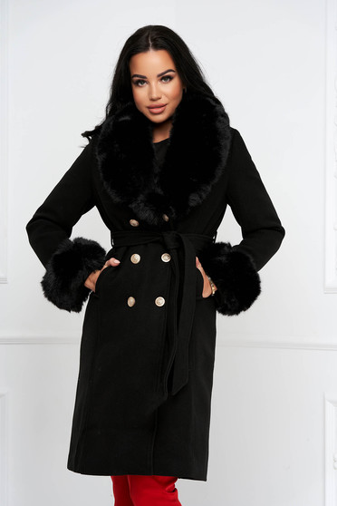 Coats, Black coat wool with ecological fur cuffs cloche - StarShinerS.com