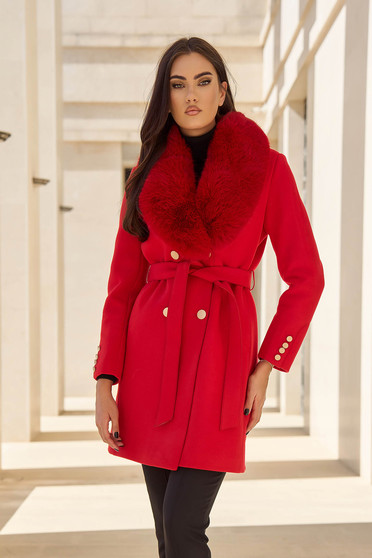 Paltoane dama online, Palton din lana rosu cambrat cu guler detasabil din blana ecologica - SunShine - StarShinerS.ro