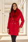 Palton din lana rosu cambrat cu guler detasabil din blana ecologica - SunShine 1 - StarShinerS.ro