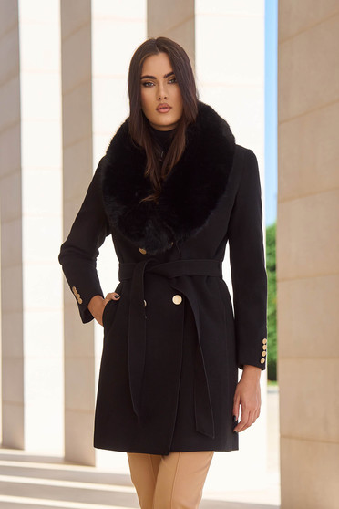 Paltoane dama online, Palton din lana negru cambrat cu guler detasabil din blana ecologica - SunShine - StarShinerS.ro
