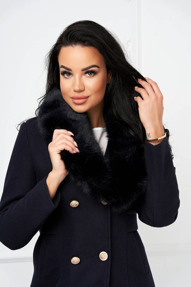 Coats, Dark blue coat cloth wool fur collar tented - StarShinerS.com