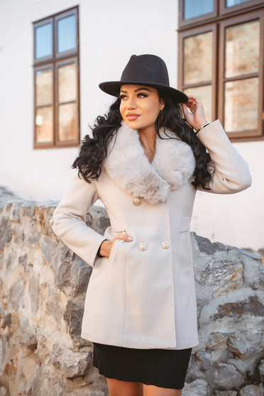 Coats, Cream coat cloth wool fur collar tented - StarShinerS.com
