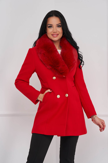 Paltoane dama online, marimea XS, Palton din lana si stofa rosu cambrat cu guler din blana - SunShine - StarShinerS.ro