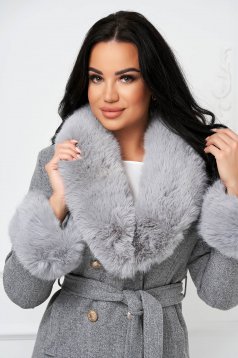 Palton din lana gri in clos cu guler si mansete din blana ecologica - SunShine