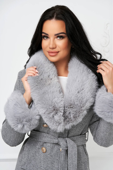 Elegant coats, Grey coat wool with ecological fur cuffs cloche - StarShinerS.com