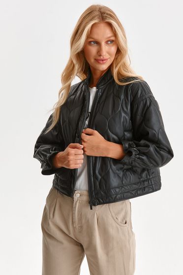 Coats & Jackets, Black jacket short cut from ecological leather with turtle neck - StarShinerS.com