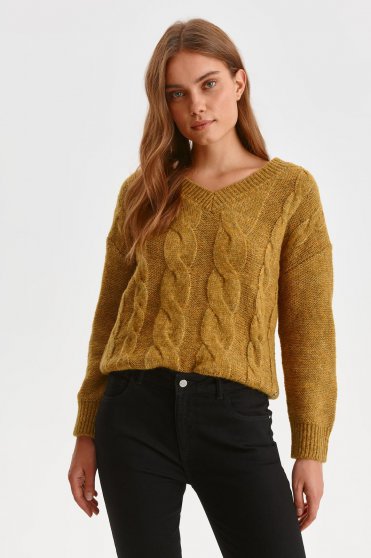 Casual jumpers, Yellow sweater knitted with v-neckline loose fit - StarShinerS.com