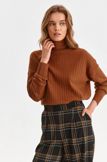 Casual jumpers, Brown sweater knitted with turtle neck from striped fabric - StarShinerS.com