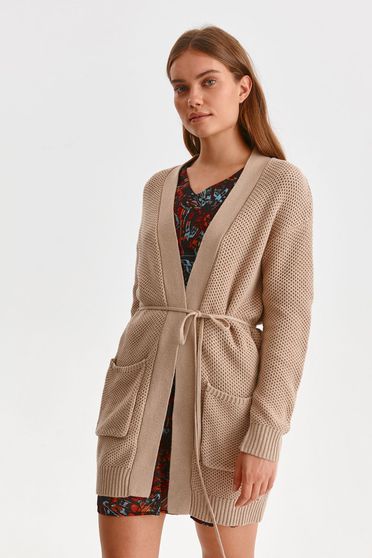 Coats & Jackets, Cream cardigan knitted with pockets is fastened around the waist with a ribbon - StarShinerS.com