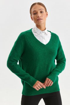 Pulover tricotat verde cu croi larg si decolteu in v - Top Secret