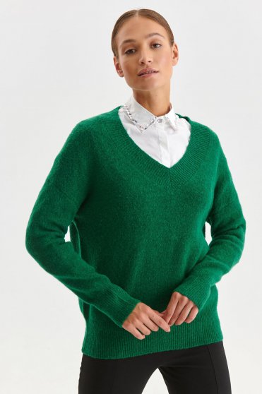Pulover tricotat verde cu croi larg si decolteu in v - Top Secret