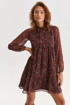 Brown dress from veil fabric cloche short cut with floral print