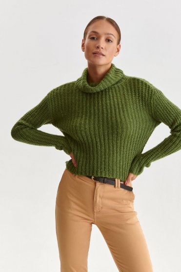 Casual jumpers, Green sweater loose fit with turtle neck knitted - StarShinerS.com