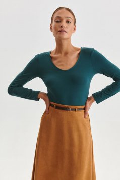 Green women`s blouse tented from elastic fabric with rounded cleavage