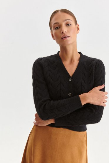 Black sweater knitted with v-neckline with buttons