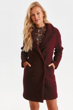 Burgundy coat straight from fluffy fabric with pockets