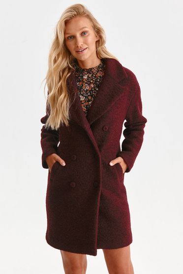 Burgundy coat straight from fluffy fabric with pockets