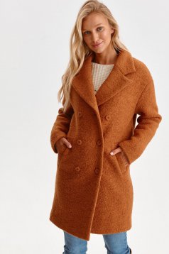 Brown coat from fluffy fabric with pockets straight