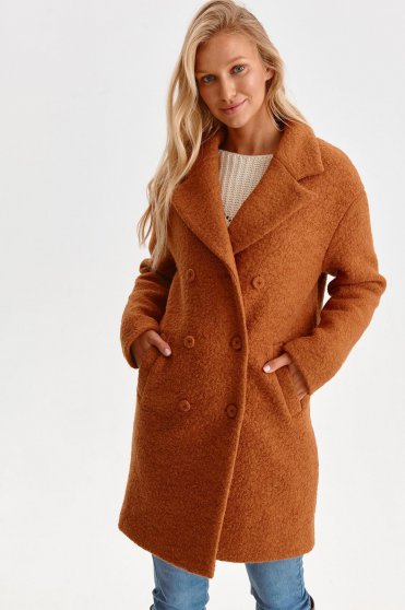 Straight coats, Brown coat from fluffy fabric with pockets straight - StarShinerS.com