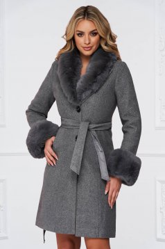 Palton din lana si stofa gri cambrat cu guler detasabil din blana ecologica - SunShine