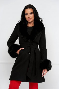 Palton din lana si stofa negru cambrat cu guler detasabil din blana ecologica - SunShine
