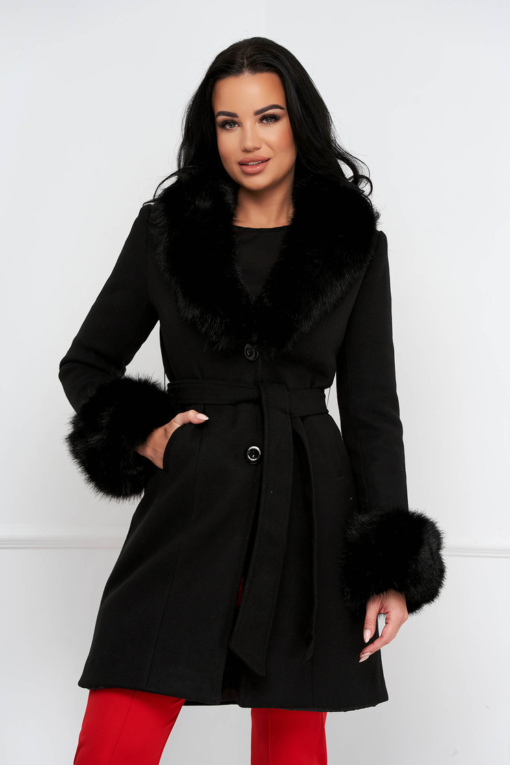 Palton din lana negru cambrat cu guler detasabil din blana ecologica - SunShine