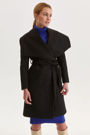Coats, Black coat cloth loose fit accessorized with tied waistband - StarShinerS.com